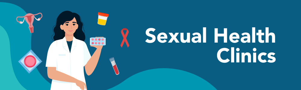 Banner with female holding pills surrounded with testing and sexual protection aid
