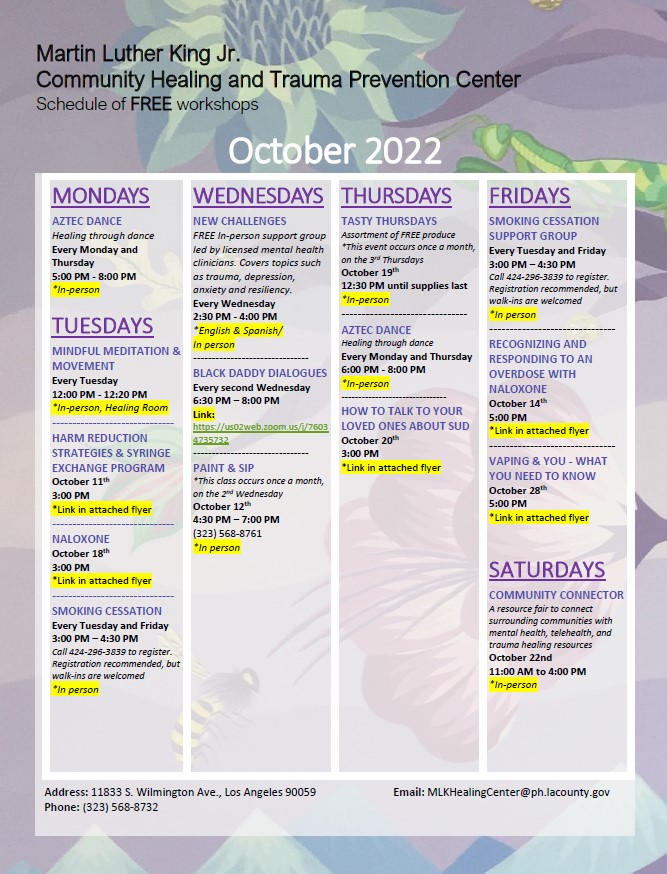 Calendar of Free Healing Center Events