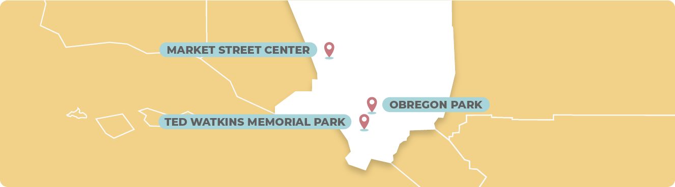 Mapa del Condado de Los Ángeles con cuatro Puntos de Distribución. Listado de cuatro sitios: Complejo Deportivo Parque Jackie Robinson. Listado de sitios de servicio completo: Centro de Market Street, Parque Conmemorativo Ted Watkins y Parque Obregon.