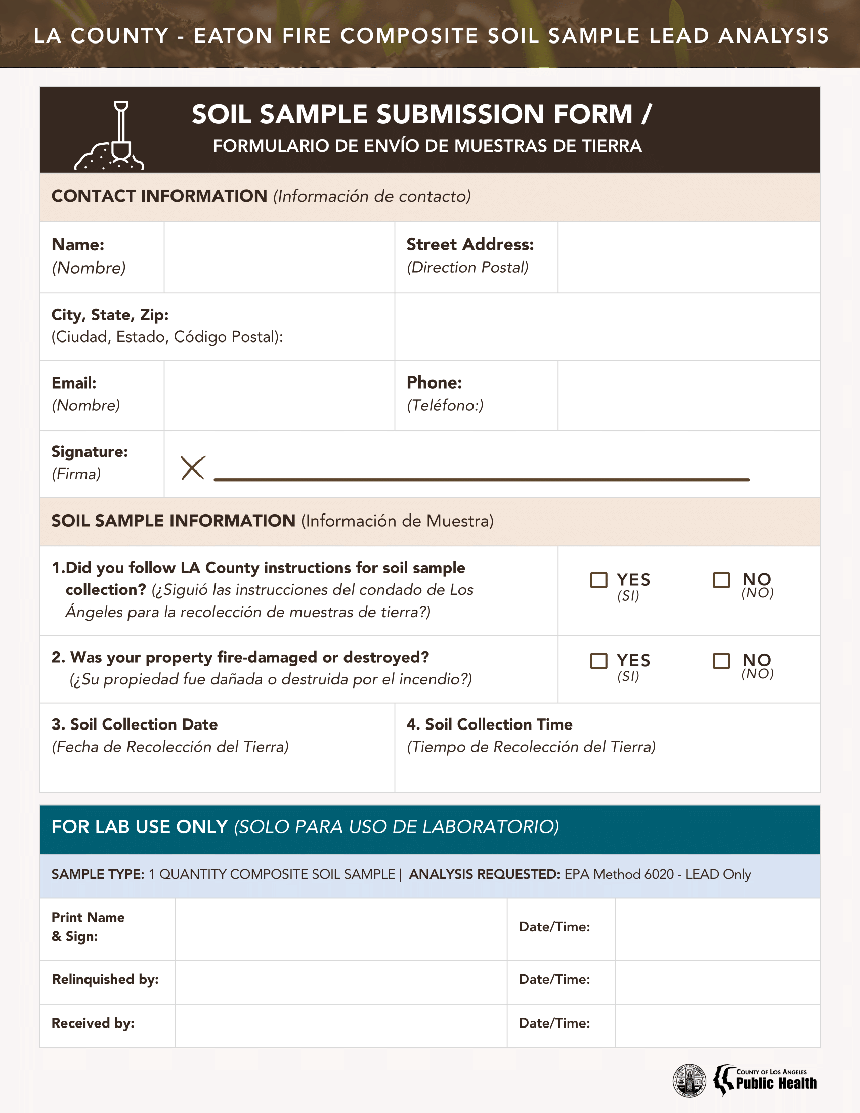 Eaton fire composite soil sample lead analysis form