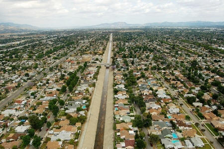 An aerial view of the Pacoima Wash, the proposed revitalization project for the initiative.