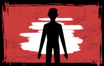 Graphic Icon of a person's body against a white and red background.