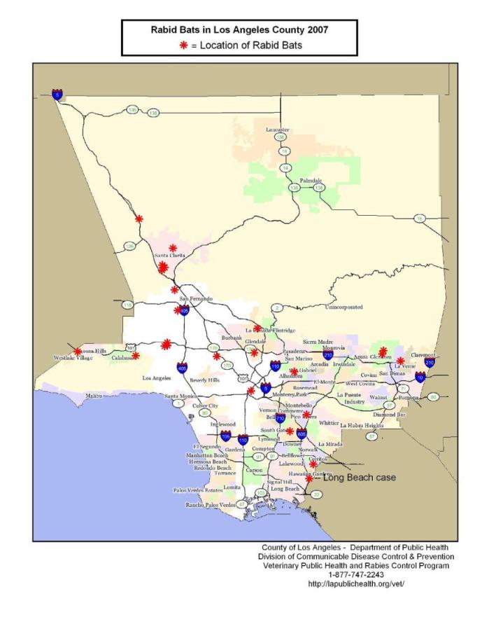 2007 map of rabid bats in Los Angeles County