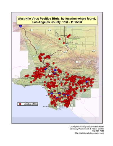 2008 Los Angeles County West Nile Virus Map - dead birds