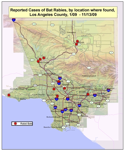 2009 map of rabid bats in Los Angeles County