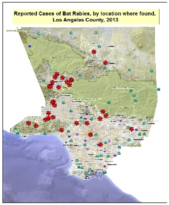 2013 Los Angeles County Rabid Bat map - 34 bats