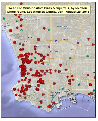 2013 South Bay area Los Angeles County West Nile Virus Map - dead birds