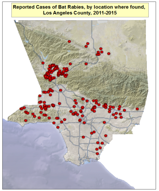 Map of rabid bats in Los Angeles County 2011 to 2015