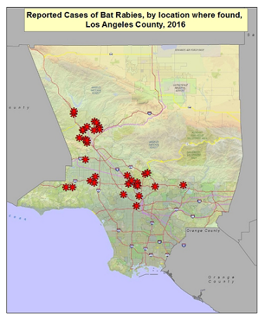2016 Rabid bat map Los Angeles County - 38 bats