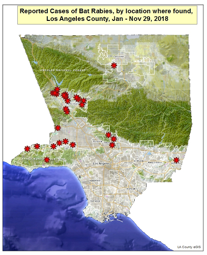 2018 map of rabid bats in Los Angeles County