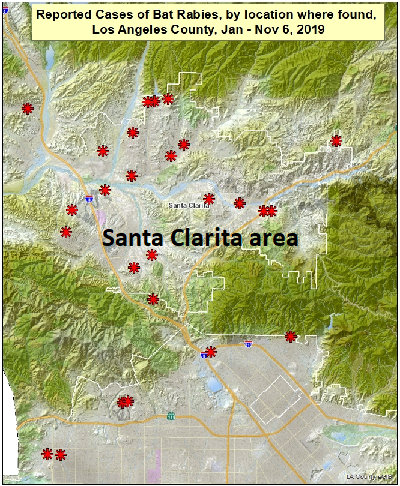 locations of rabid bats in the santa clarita area of  los angeles county from january to november 6, 2019