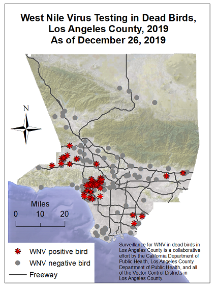 2019 map of West Nile Virus detected in dead birds in Los Angeles County