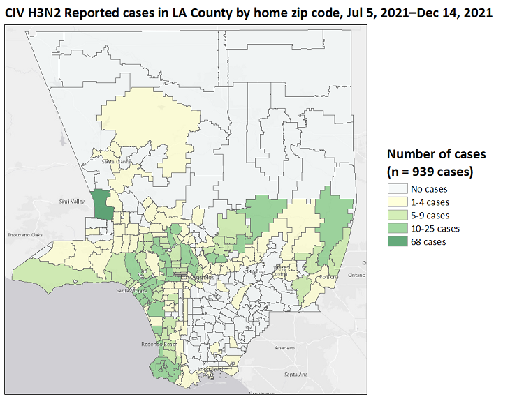 map showing reported numbers of cases of canine influenza in dogs in Los Angeles County from July to December 14, 2021