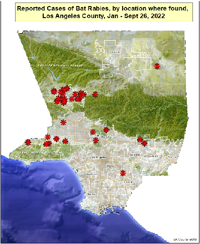 map showing reported locations of rabid bats in Los Angeles County from January to September 26, 2022