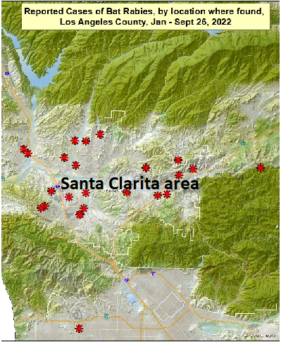 map showing reported locations of rabid bats in the Santa Clarita area of Los Angeles County from January to September 26, 2022
