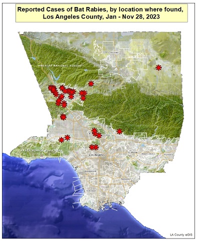 map showing reported locations of rabid bats in Los Angeles County from January to November 28, 2023
