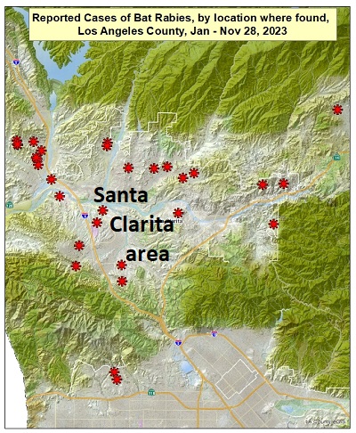 map showing reported locations of rabid bats in the Santa Clarita area of Los Angeles County from January to November 28, 2023
