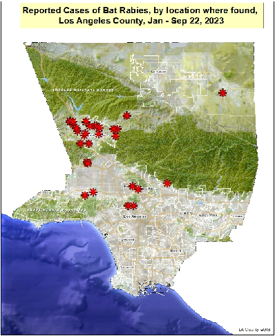 map showing reported locations of rabid bats in Los Angeles County from January to September 22, 2023