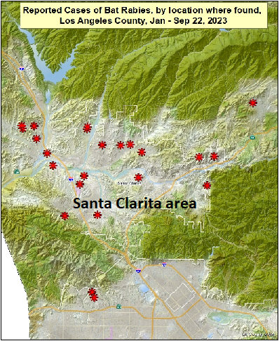 map showing reported locations of rabid bats in the Santa Clarita area of Los Angeles County from January to September 22, 2023