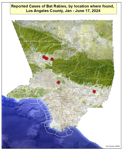 map showing reported locations of rabid bats in Los Angeles County from January 1 to June 17, 2024
