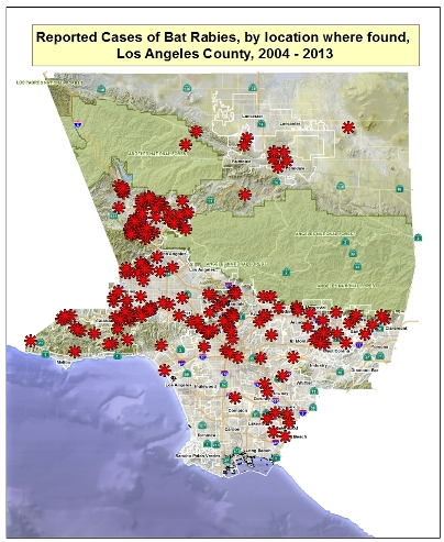 Los Angeles County Rabid bats Map 2004 - 2013 ten years 