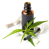 Picture of cannabis oil and marijuana plant leaf