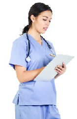 woman in scrubs taking notes