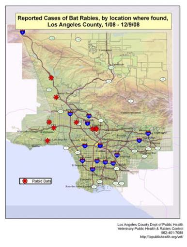2008 map of rabid bats in Los Angeles County